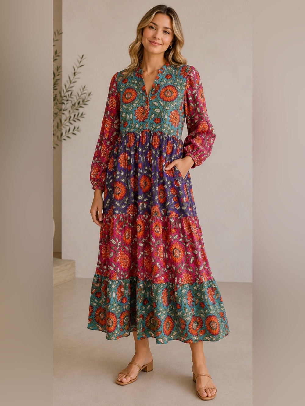 New Hand Blocked Printed Cotton Imported from India Boho Dress Large